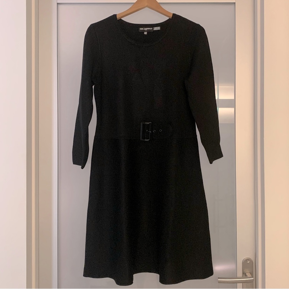 KARL LAGERFELD Long Sleeve Black Knit Dress w Gunmetal Belted Waist, NWOT